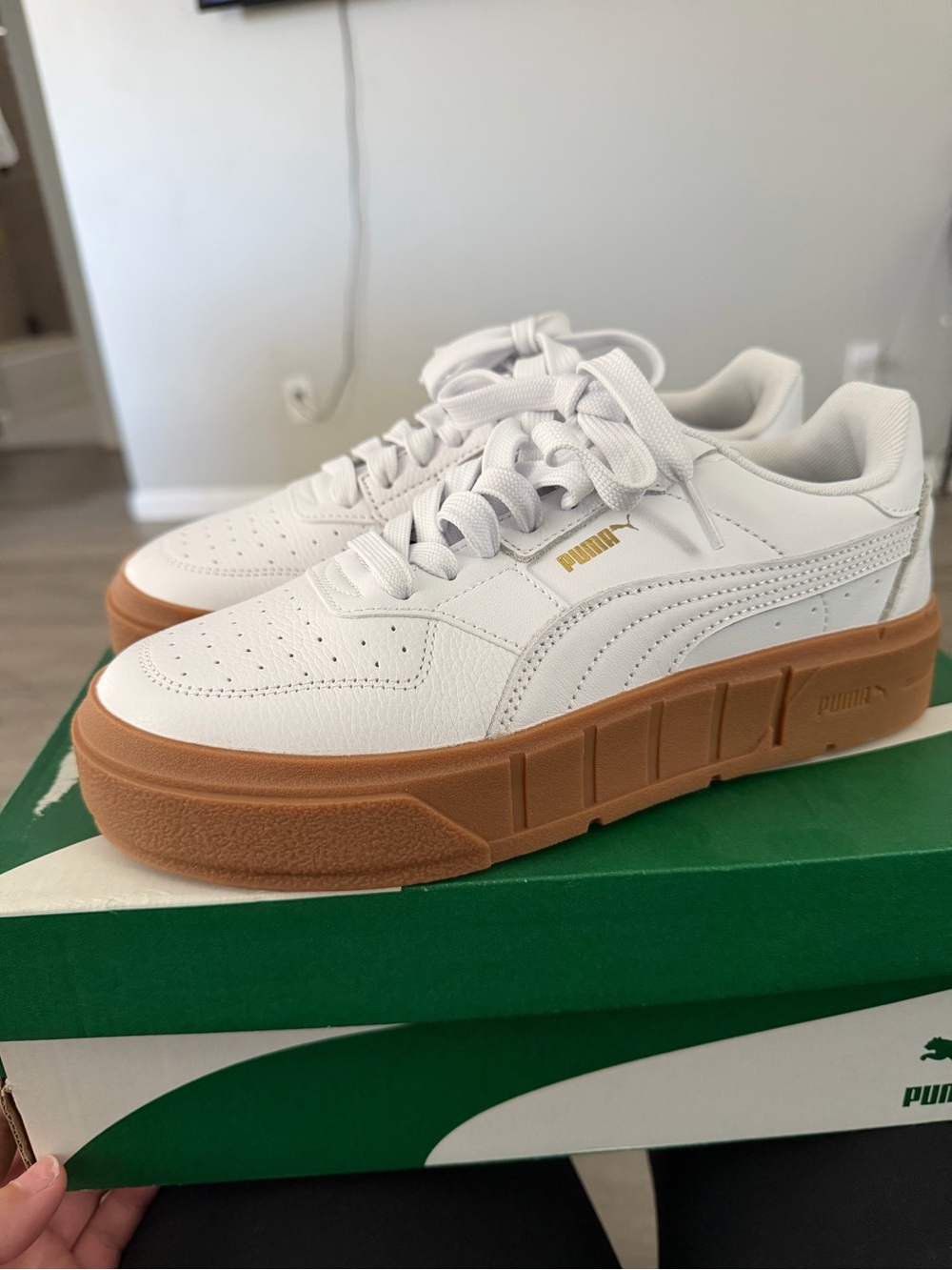 PUMA White Leather Platform Sneakers with Gum Sole